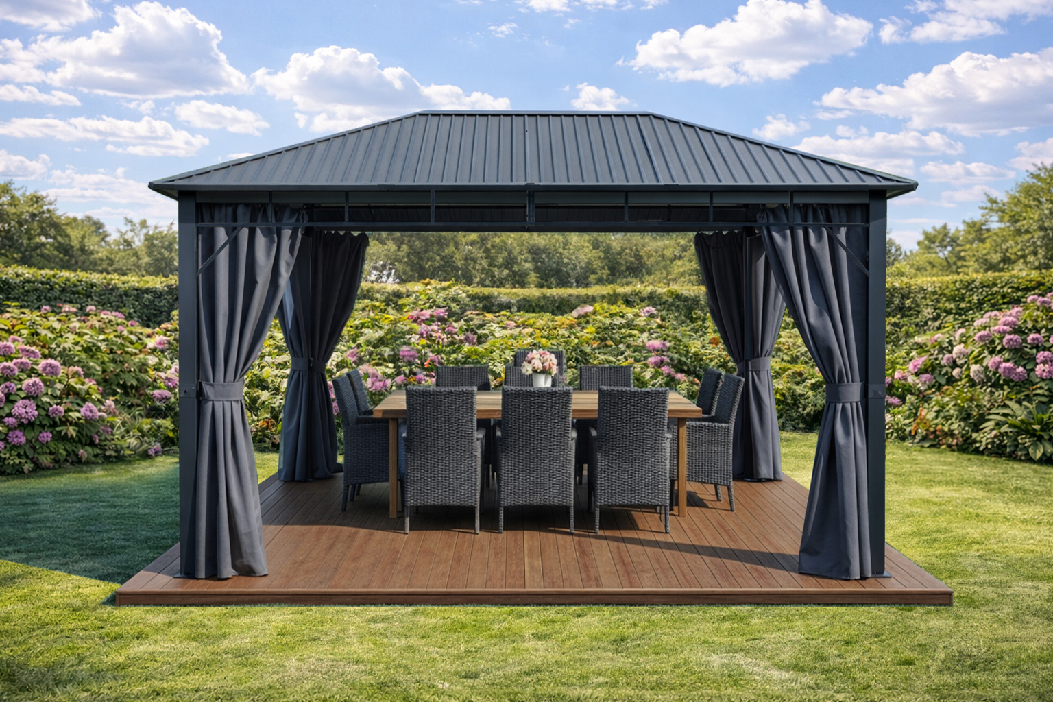 3x4m Garden Gazebo Steel roof Black frame, with Grey curtain (2) 3x4m Garden Gazebo Steel roof Black frame, with Grey curtain (2)