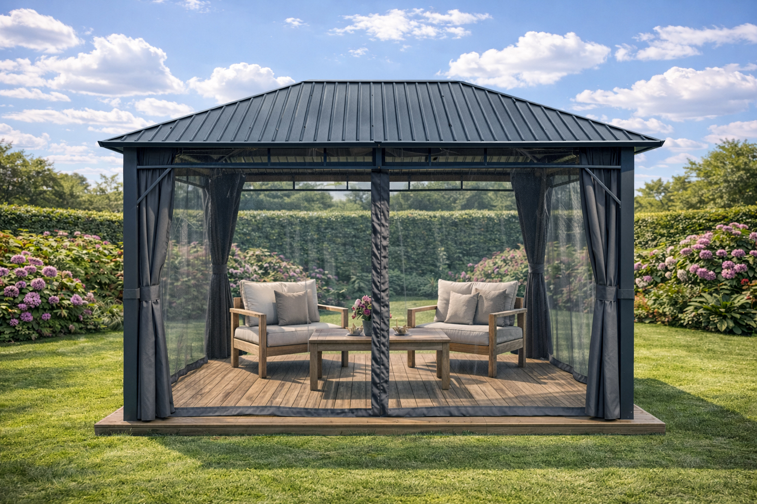 3x4m Garden Gazebo Steel roof Black frame, with Grey curtain (3) 3x4m Garden Gazebo Steel roof Black frame, with Grey curtain (3)