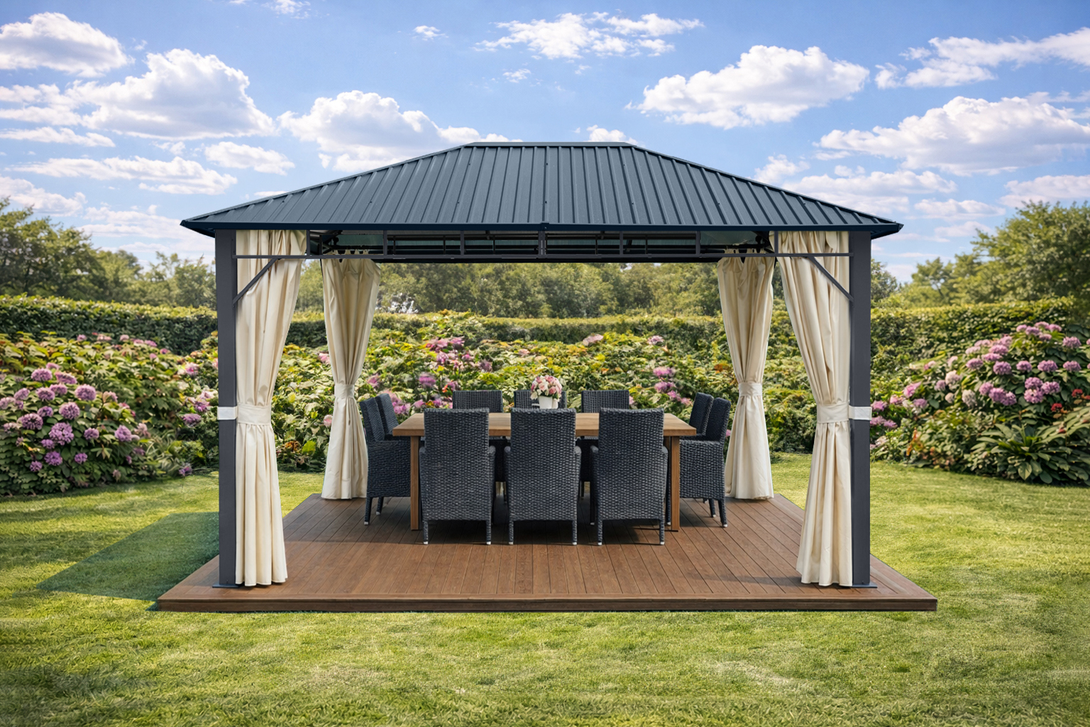 3x4m Garden Gazebo Steel roof Grey frame, with Beige curtain (1) 3x4m Garden Gazebo Steel roof Grey frame, with Beige curtain (1)