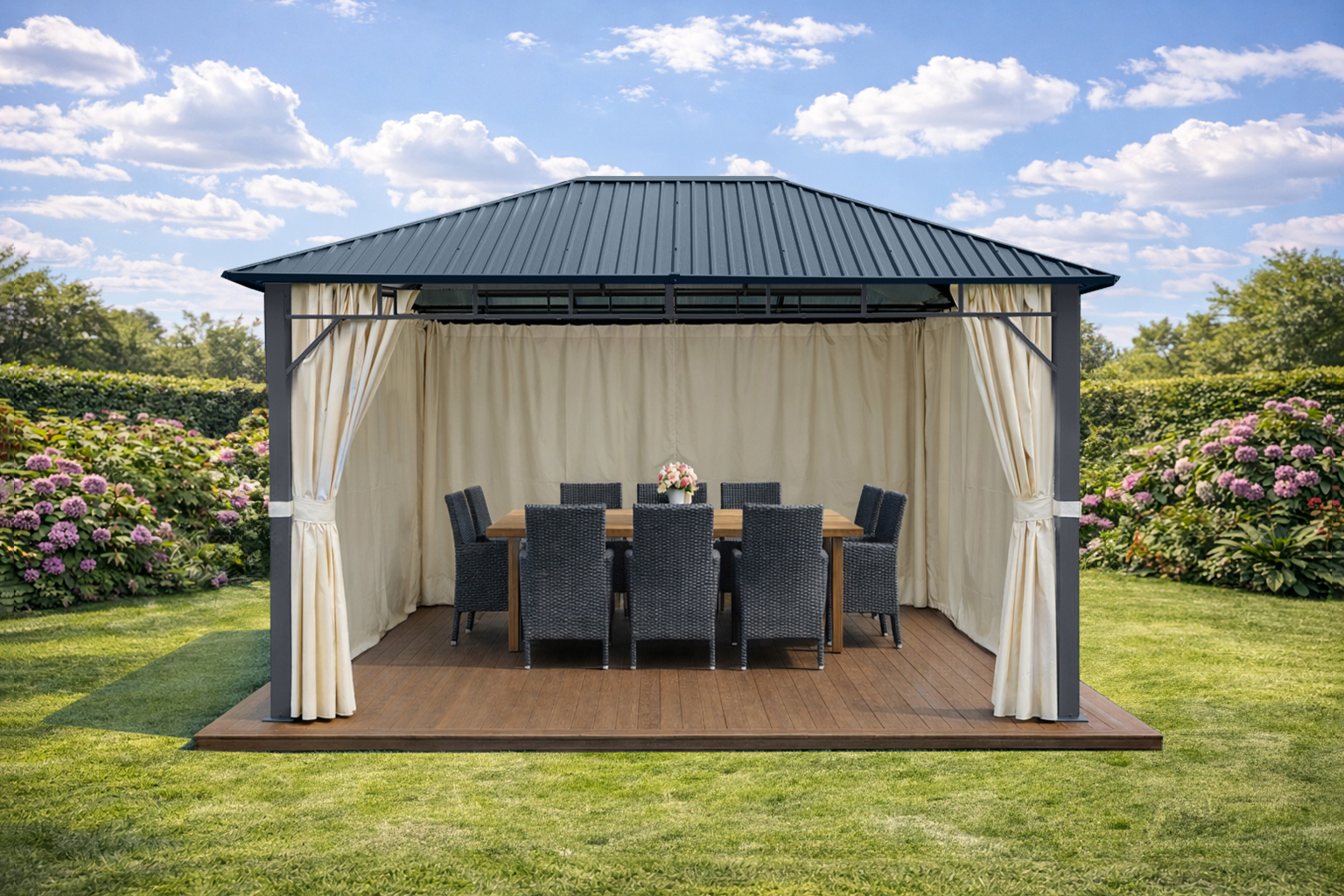 3x4m Garden Gazebo Steel roof Grey frame, with Beige curtain (2) 3x4m Garden Gazebo Steel roof Grey frame, with Beige curtain (2)