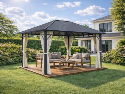 3x4m Garden Gazebo Steel Roof Grey frame Beige curtain