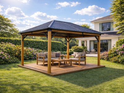 3x4m Garden Gazebo Steel Roof Wood Effect frame