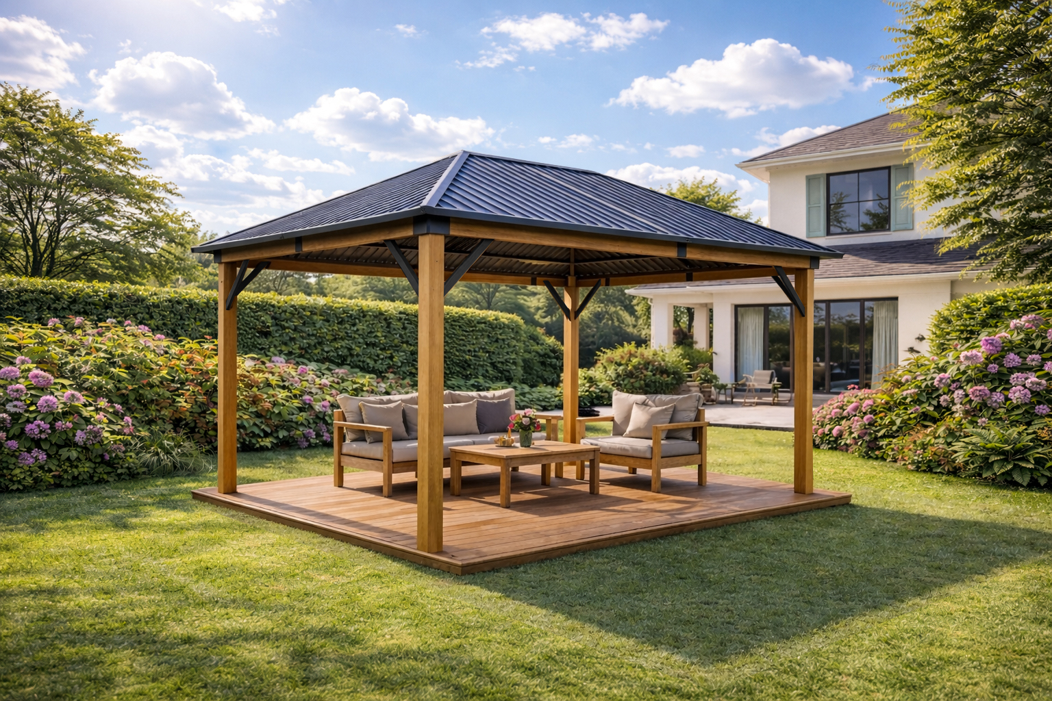 3x4m Garden Gazebo Steel roof Wood Effect frame (2) 3x4m Garden Gazebo Steel roof Wood Effect frame (2)
