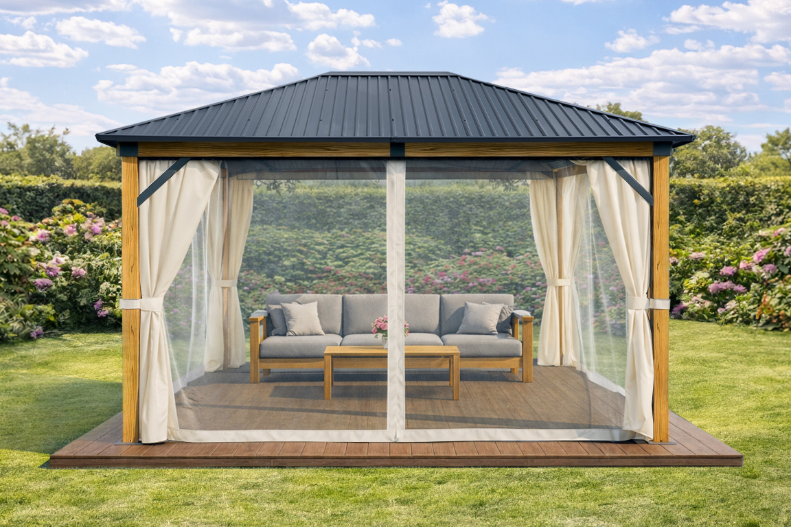 3x4m Garden Gazebo Steel roof Wood Effect frame, with Beige curtain (1)