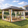 3x4m Garden Gazebo Steel roof Wood Effect frame, with Beige curtain (2) 3x4m Garden Gazebo Steel roof Wood Effect frame, with Beige curtain (2)