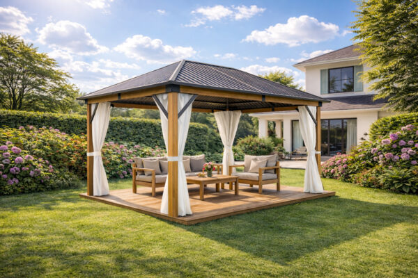 3x4m Garden Gazebo Steel roof Wood Effect frame, with Beige curtain (2) 3x4m Garden Gazebo Steel roof Wood Effect frame, with Beige curtain (2)