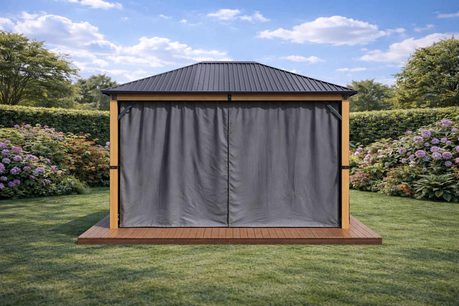 Steel roof 3×4 wood grey curtain closed