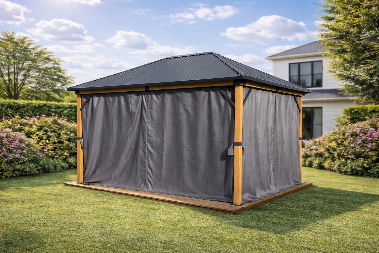 Steel roof 3×4 wood grey curtain closed side