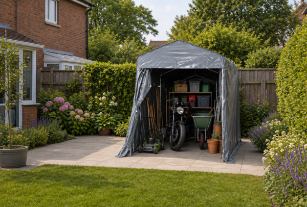 Grey PVC Garden Shed with Motorcycle